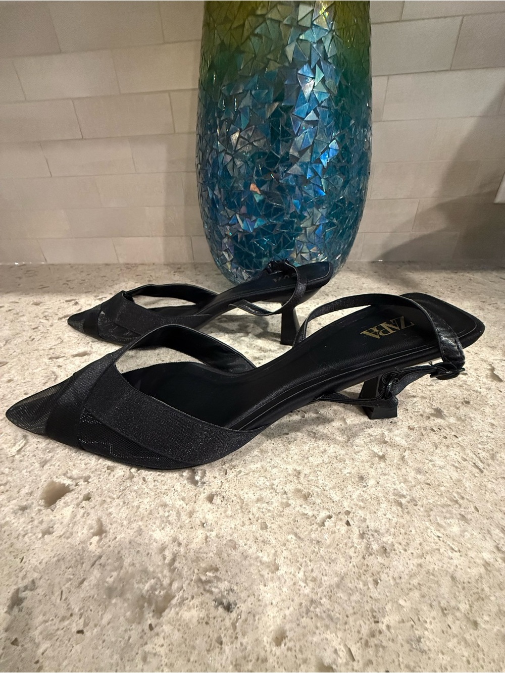 Zara Black Pointed-Toe Slingback Kitten Heels